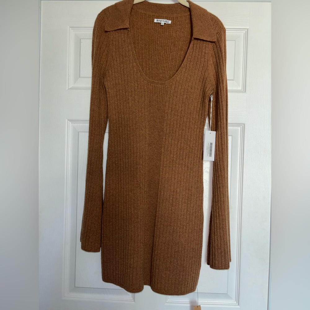 Reformation Tan Long Sleeve Knit Dress